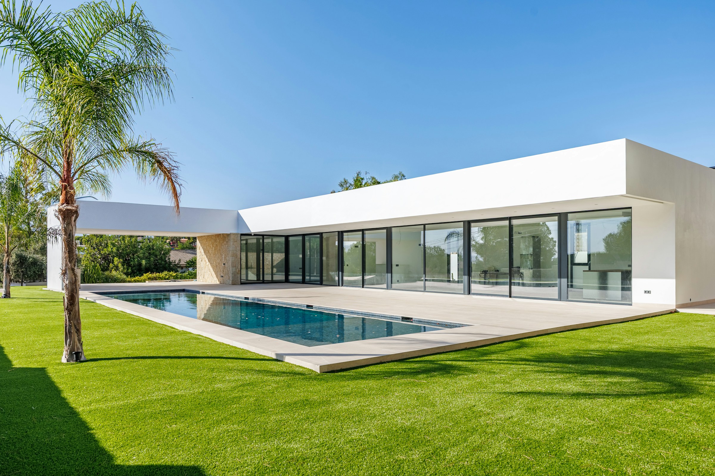 Minimal white villa with glass walls, a palm tree and a swimming pool